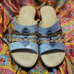 Patrizia By Spring Step Strappy Blue Tan Wedge Heel Sandals Women's 9.5 10 41